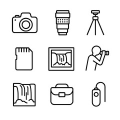 Waterfall Photography Icons. Outline icon set of waterfall photography tour: DSLR camera, zoom lens, tripod, memory card, photo