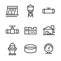 Water Infrastructure Icons. Outline icon set of water infrastructure: dam wall, water tower, pipeline, valve handle, treatment