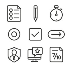 Online Assessment Icons. Outline icon set of online assessment elements: quiz sheet, pencil, stopwatch, multiple-choice radio