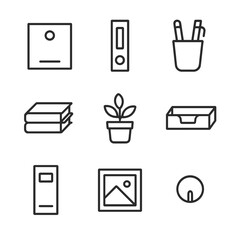 Office Icon Set. Outline icon set of office open shelving: file box, binder spine, pen holder, notebook stack, desk plant,