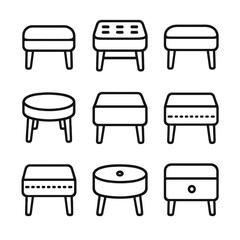 Ottoman Icon Set. Outline icon set of ottoman seating: cushion, tufted, leather, fabric, round, square, stitching, button, home