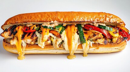 A high-definition shot of a loaded sub sandwich filled with roasted veggies