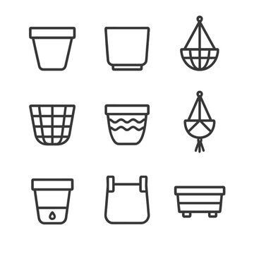 Stylish Planter Icons. Outline icon set of pot and planter styles: terracotta pot, ceramic planter, hanging basket, wire basket,
