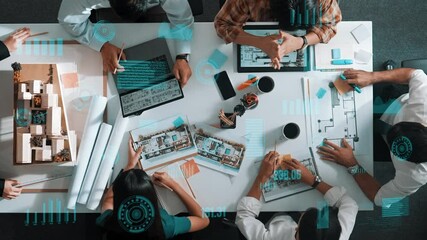 Top view of architect engineer measure blueprint by using architectural equipment while group of designer talking about building design with financial chart and stock market statistic. Alimentation. - Powered by Adobe