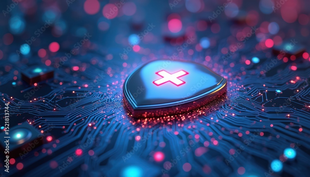 Poster digital medical data protected by cybersecurity shield on circuit board. cyber security protects onl