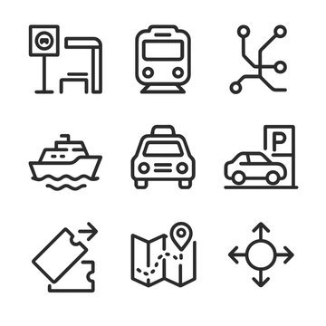 Transport Integration Icons. Outline icon set of multimodal transport integration: bus stop, train icon, metro map, ferry