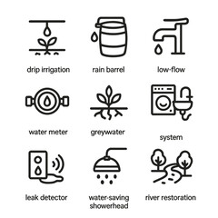 Water Conservation Icons. Outline icon set of water conservation: drip irrigation, rain barrel, low-flow faucet, water meter,
