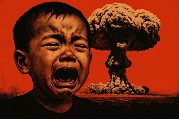 Emotional Anguish Portrayed Through a Child's Tears Against a Striking Backdrop of Destruction in a War-Torn Landscape