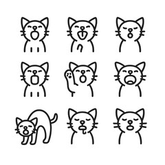 Fototapeta premium Yawning Kitten Icons. Outline icon set of kitten yawning moments: open mouth, tongue curl, squinted eyes, stretched jaw, paw lift,