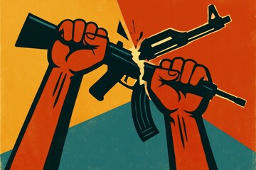 Powerful Imagery of Resistance With Broken Weapons Symbolizing Peace Over Conflict in a Vibrant Backdrop of Bold Colors