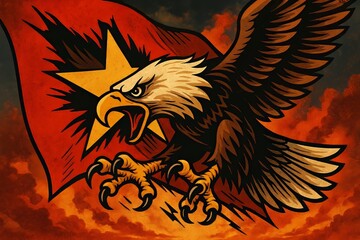 Fierce Eagle in Flight Tearing Through a Stormy Sky, Emblematic of Strength and Resilience Against a Backdrop of Fiery Colors