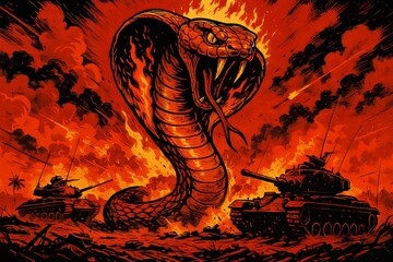 Epic Clash Unfolds as a Fire-Breathing Snake Rises Amidst Battle Tanks in a Flaming Landscape at Dusk