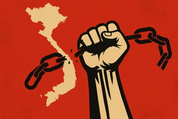 Revolutionary Spirit Embodied Through a Raised Fist Breaking Chains Against a Backdrop of Vietnam's Map