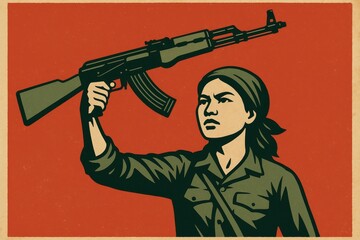 Empowered Warrior Raises Weapon High Against a Bold Red Backdrop in a Symbol of Strength and Resistance From a Revolutionary Era