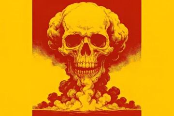 Bold and Striking Skull Motif Emerges From Explosive Clouds Against a Vibrant Yellow and Red Backdrop Conveying Intense Emotions and Dramatic Impact