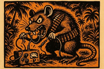 Menacing Rodent Prepares for Chaos Under a Fiery Sunset in a Tropical Landscape With a Vintage Radio Device