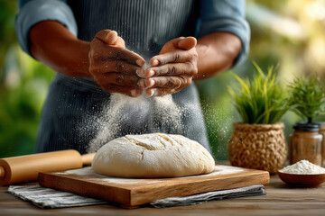 Baker claps hands, creating flour cloud over round dough with vintage tone. Bright kitchen bathed in sunlight. Concept of baking, culinary arts, home cooking