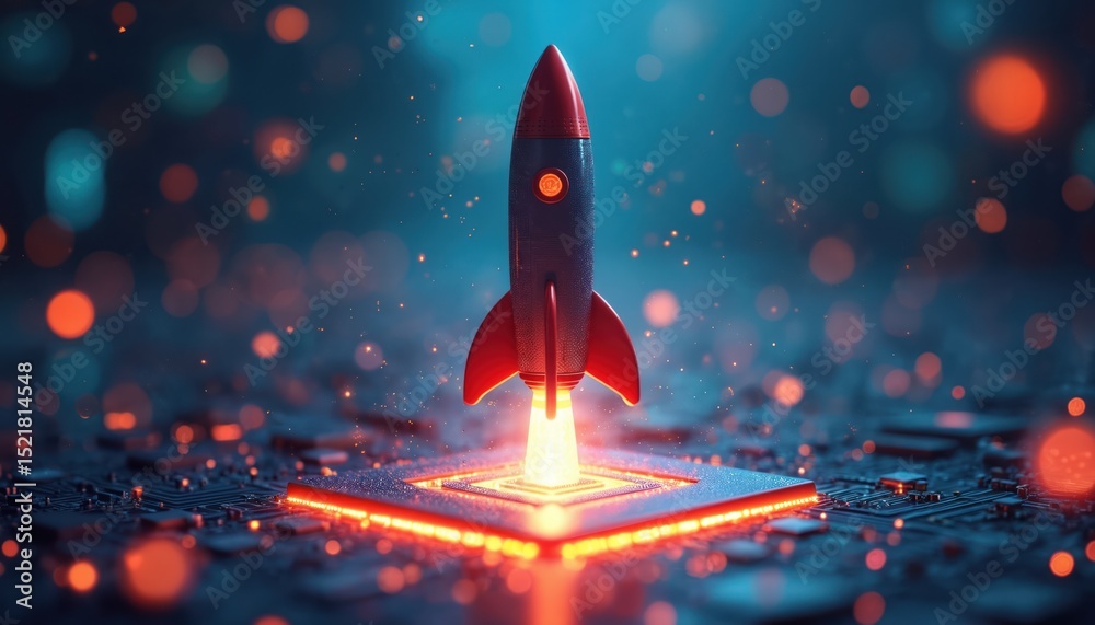 Aufkleber Digital illustration of futuristic rocket launch from AI chip circuit. Abstract tech concept, light, innovation, space exploration, modern design. High technology launch of artificial intelligence.