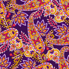 Madhubani, Kalamkari, Chinz, and Kani seamless pattern. Shirting fabric, Ajrakh and Ikat styles. Patola backdrop. Vector Floral allover design