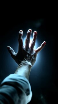 Isolated outstretched hand reaching upwards towards a bright light source in a dark, moody scene with textured skin and visible veins.