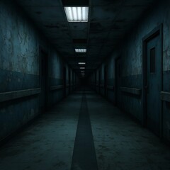 An eerie, dark hospital hallway stretches into the distance, illuminated by stark fluorescent lights.