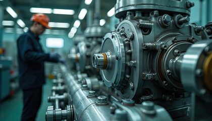 Close-up of industrial machine with blurred worker in background. Shiny metal details, bolts, nuts, gear components of powerful technology. Manufacturing, engineering, automation. Labor process.