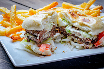 burger with tomatoes and fries