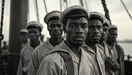 Fototapeta premium Vintage black-and-white photo African American sailors on ship. Portrait of determined men in uniform on deck. Historic image reflects maritime heritage, crew. Concept of teamwork, strength. Symbol
