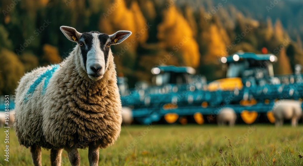 Poster close-up of sheep in field with agricultural machinery, representing farming efficiency and sustaina