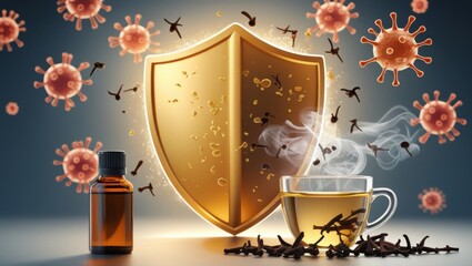 Dynamic image of a glowing golden shield protecting the body from germs. Stylized bacteria are neutralized by cloves, with clove oil and a steaming cup of clove water in the foreground as remedies.