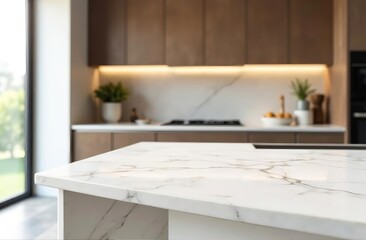 Marble empty white table top fron view, blur minimalistic scandy kitchen interior background in brown wooden colour and light wood, for montage product display or design key visual layout