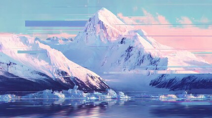 Glitchy arctic landscape with mountains and water