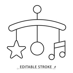Baby mobile icon in minimal black outline style with hanging star, ball and music note on white background. Editable stroke vector for infant toy, nursery, sleep aid or baby concept. Baby mobile icon