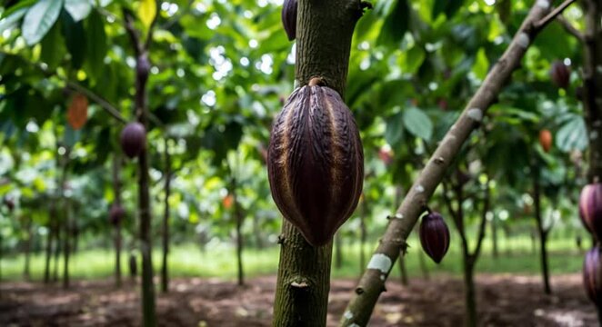 Raw cocoa pod growing on tree trunk in tropical setting. Natural chocolate production source displayed Concept chocolate manufacturer, fair trade organization, sustainable, World Chocolate Day