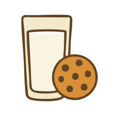 Flat vector illustration of a glass of milk and a cookie.