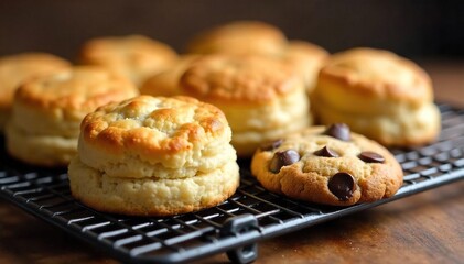 Warm, golden-brown biscuits and chocolate chip cookies, freshly baked and cooling on a wire rack A delightful combination of textures and flavors, perfect for a sweet treat , oven baked, tasty
