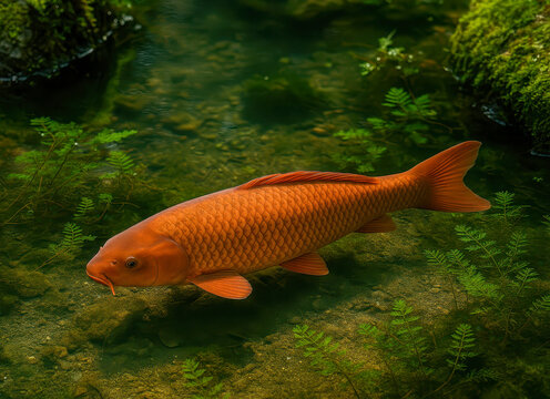 Orange chagoi koi carp swimming in a pond with aquatic plants