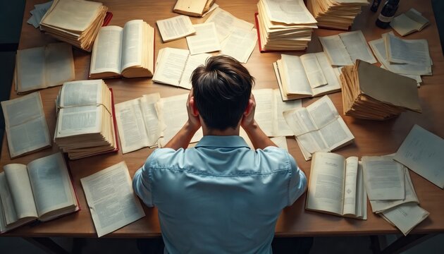 Man stressed, overwhelmed study. Surrounded books papers at desk. Concept academic pressure, intense work effort, deadline project burnout. Student with hands at head.