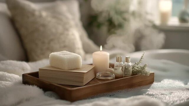 Relaxing Bath Scene with Candle, Book, and Essential Oils