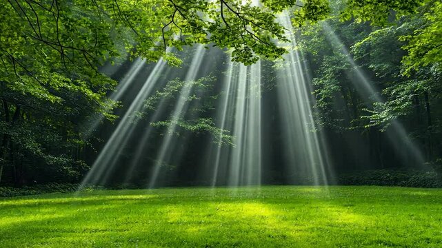 Sunbeams Illuminating a Verdant Forest Meadow