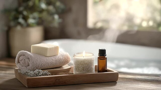 Relaxing Bath Scene with Candles and Essential Oils