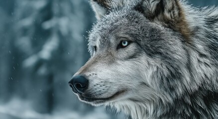 Fototapeta premium Close-Up of Majestic Wolf in Winter Snow, Showcasing Wildlife Conservation and Natural Beauty With Animal Welfare : Generative AI