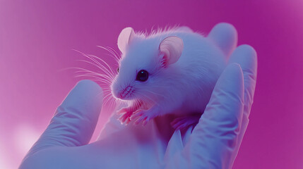 White lab mouse held in gloved hand for scientific research animal testing and experimentation study