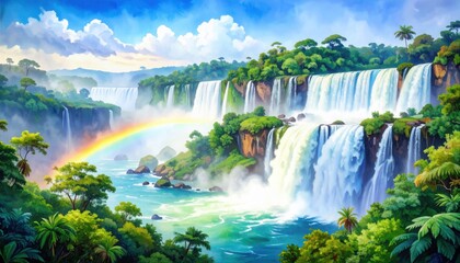 Magnificent waterfalls cascading in a lush tropical rainforest with rainbow mist, perfect for eco-tourism, nature therapy, and dream travel visuals