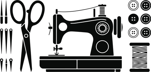 A black and white illustration of sewing tools and a sewing machine design