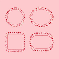 Set of cute frilly frames in different shapes on a pink background. Perfect for cards, invitations, packaging, scrapbooking, and feminine design projects.

