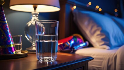 A glass of water on a nightstand beside a softly glowing lamp in a dark bedroom. Subtle party remnants in the background hint at a night winding down, evoking a calm, restorative atmosphere.