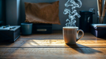 Steaming Coffee Mug on a Wooden Table