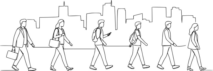 Obraz premium One line drawing of urban residents walking on city street. Group of different people walking city background. Casual townspeople crosses the road in one way hand drawn vector illustration