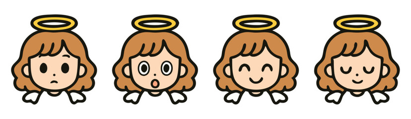 Kawaii Angel Emoji Set – Neutral, Surprised, Happy and Sleepy Faces – Cute Cartoon Character Vector Pack
